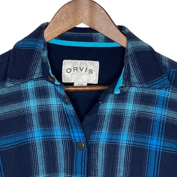 Orvis Womens Fleece Lined Flannel Shacket Size S Blue Plaid Gorpcore Granola - Picture 3 of 15